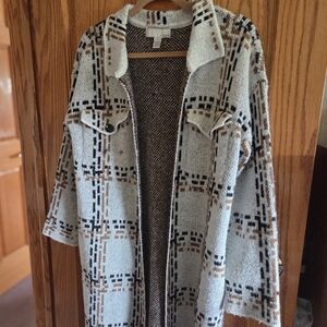 Open-Front Plaid Knit Cardigan long-Jacket in Cream and Brown